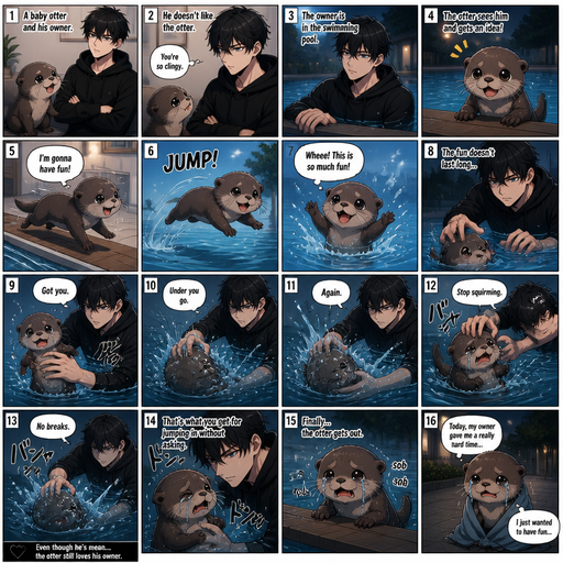 A comic book Picture by picture and shows every action of a A baby otter and his male Cute and Handsome that doesn’t like the otter wearing a Black Hoodie and Shorts owner the owner is in the swimming pool and the otter Jumps in with him and the otter says he’s going to have fun but the owner excessively bullies him In the pool and then it gets out crying saying how the owner gave him a hard time today