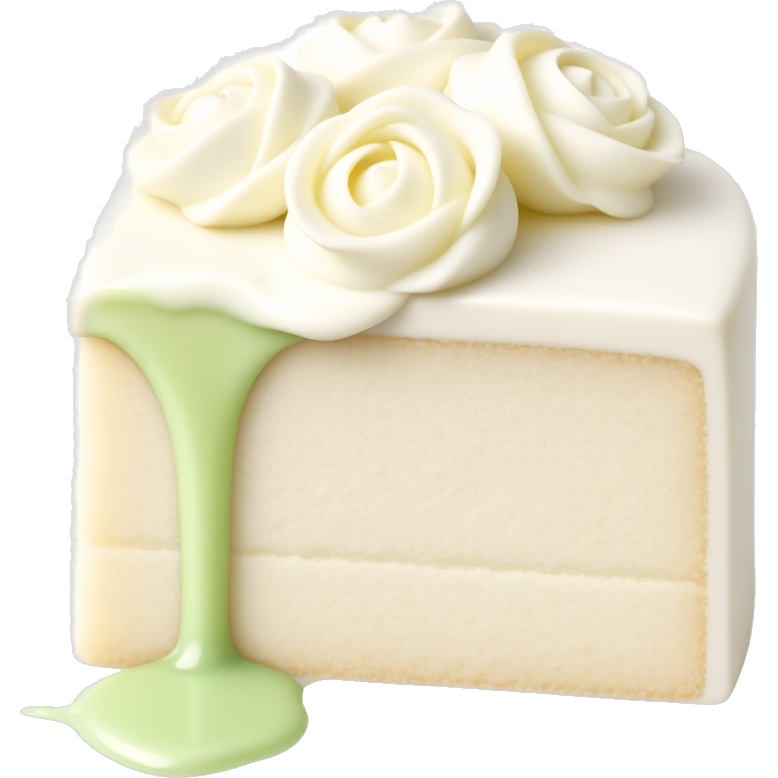 Piece of White cake with light green syrup and whipped cream. On top of the cake is pearly shiny sprinkles and roses