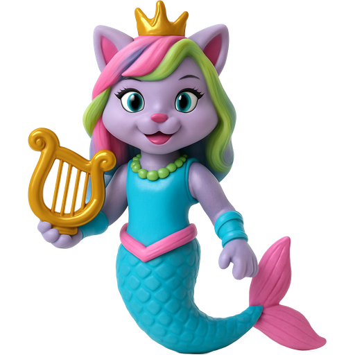 action figure version light purple anthro cat smiling with pink and green and yellow hair blue green eyes golden crown with light green necklace light cyan braclets cyan and blue dress with pink skirt attached to long cyan mermaid tail with pink tail fins pink and cyan gloves holding a golden harp action figure version