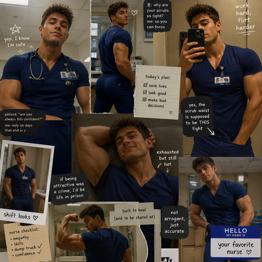 A Hunky and Muscular, Handsome and Masculine Nurse with Brown Spiked and short hair and brown eyes and with Chunky Arms and Pecs. Wearing Nurse Scrubs. Knows he’s cute and scrub waist is to tight