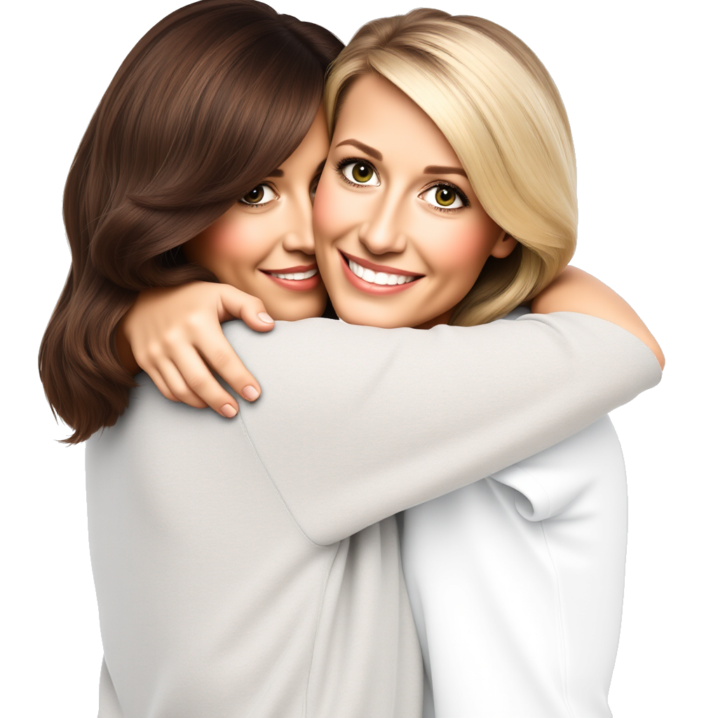 Two woman hugging friends. Brown haired woman with tan skin and blue eyes. One with blonde hair and green eyes and tan skin