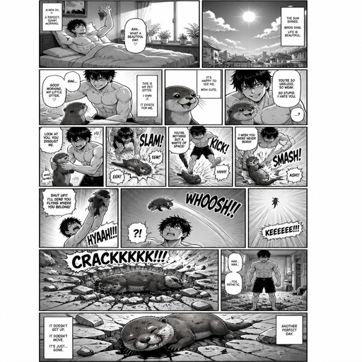 A Long COMIC BOOK and shows the owner and Waking up in the morning on a Sunny day and no cin pajamas and one of his pet otters but Excessively bully’s the otter and the otter goes over his headand it crakes the floor and Doesn’t get up