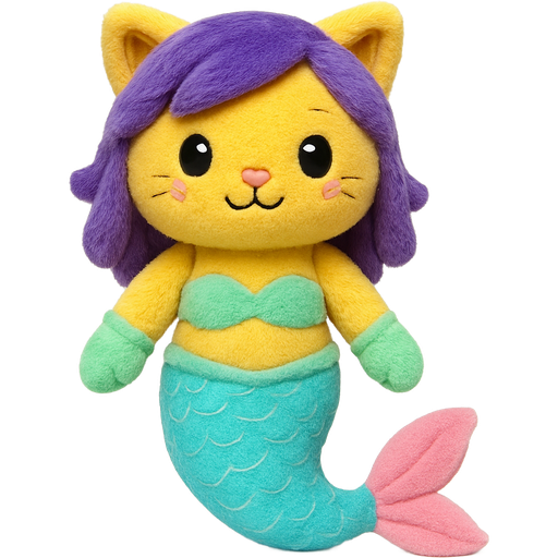toy cute plush yellow cat anthro with purple hair with very long cyan and white mermaid tail with pink fins light green gloves and swimsuit top