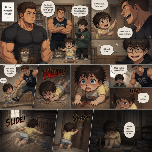 A DETAILED AND LIFELIKE LONG Anime Comic Book story view of a Bulky but Muscular ANIME Cute Bara Man With Peach toned skin Who looks Normal aind round facial Structure and Basic facial structure With Puffy and Big Pecs that are visible through the shirt and Biceps and Bandaid on his nose and Brown short hair that makes them look tough. Wearing normal With his pet Grown and healthy realistic otter and 2 little brothers and baby that are in different ages but young. At the house but the baby has a problem walking, the other is strong and buff and bulky and a jock and a huge nerd. and never help the baby and always let it fail. And they Hate the baby, and one day the baby flys to the floor from one of the brothers and red comes from the baby’s nose and is on the floor and stained a shirt. and the baby looks up at the brothers and tears filled his eyes. And the baby’s face jerks to the left from him. and he tells him to stop calling him any oni-Chan.and he lowers his head To his brother. and the baby flies into his room from them and slides on the floor and lock the door