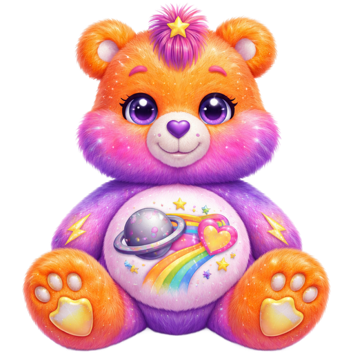 Starlight Love Care Bear with Gradient Pink/Purple Ombré Blended Pattern Fur and Orange Ears, Paws, Feet and The Upper-Half of the Face is also Orange with Shooting Stars and Lightning Strikes on the The Paws, Upper Face, Ears and Feet with a Smiling Sliver Saturn with the Ring being Half Silver and Pink Next to a Rainbow Shooting Pink Heart with Yellow, Pink, and Blue Stars Surrounding it on the Stomach with White Twinkles in the pupils of the eyes and Purple and Pink striped Tufts of hair and a Purple Heart Nose