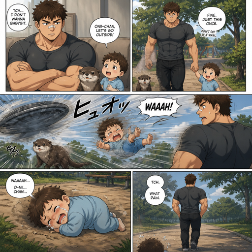 A DETAILED AND LIFELIKE ANIME Comic Book story view of a Bulky but Muscular ANIME Cute Bara Man With Peach toned skin Who looks Normal aind round facial Structure and Basic facial structure With Puffy and Big Pecs that are visible through the shirt and Biceps and Bandaid on his nose and Brown short hair. With A realistic otter and baby brother. And He doesn’t like his baby brother And he goes and take his baby brother to the park. And a something flies and the baby brother flies back and Cries laying on his side. And the he walks away from the baby.