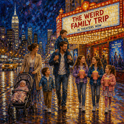 give me a mom strolling her baby and her toddler boy while the dad has the six-year-old son on his shoulders and the 10-year-old daughter twins and the five-year-old daughter are eating popcorn and they’re ready to go inside their movie theater for the new movie called the weird family trip in the movie theater so so so so so so so so so so so so so so so so big with a New York City night view