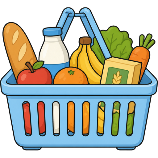 baby blue grocery shopping basket with groceries inside | ghibli style | vector-cartoon | matte cel-shading | bold smooth black outlines