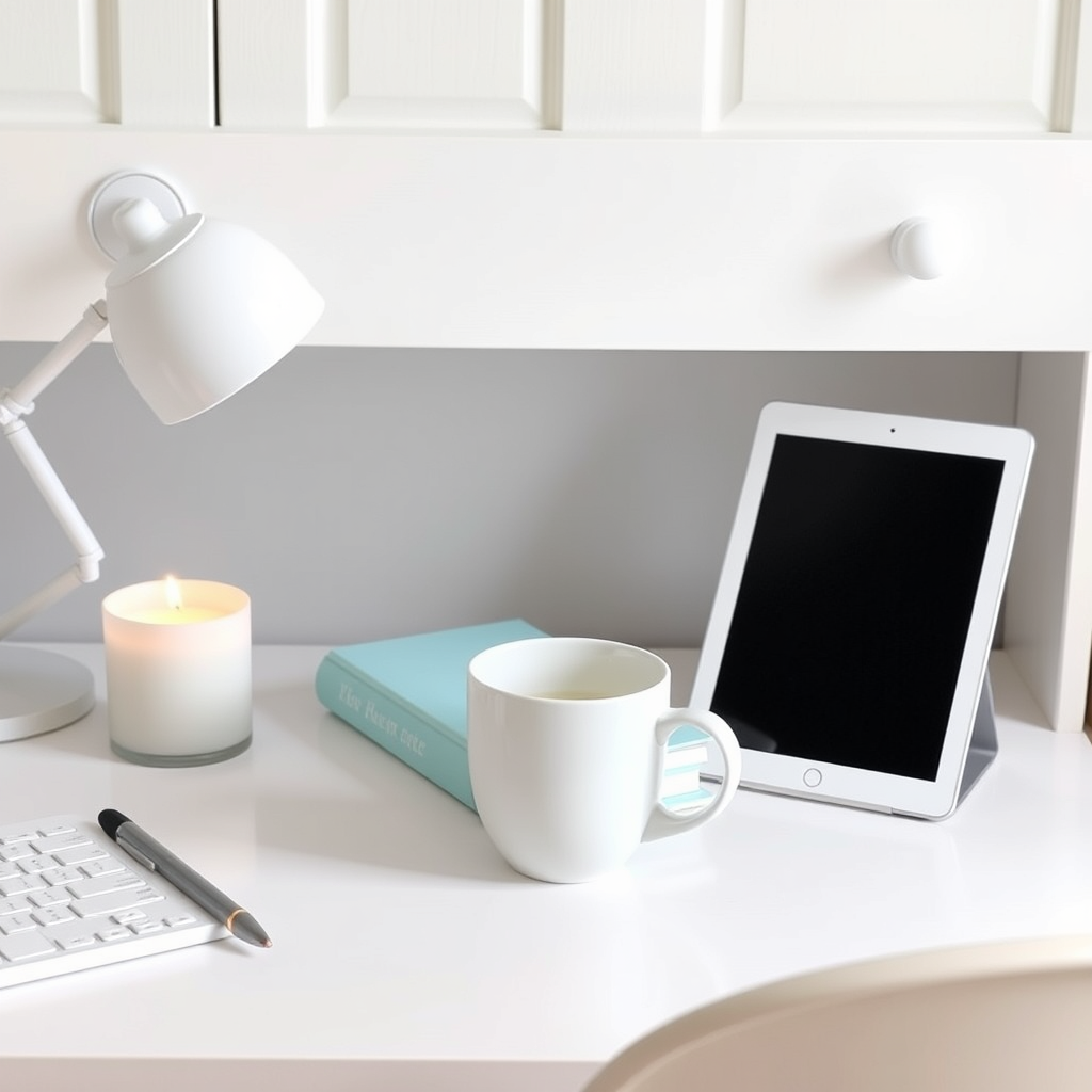 Girly study desk that is white. It has a mint blue book, white coffee mug, and a beautiful scented candle lit. There is also an iPad