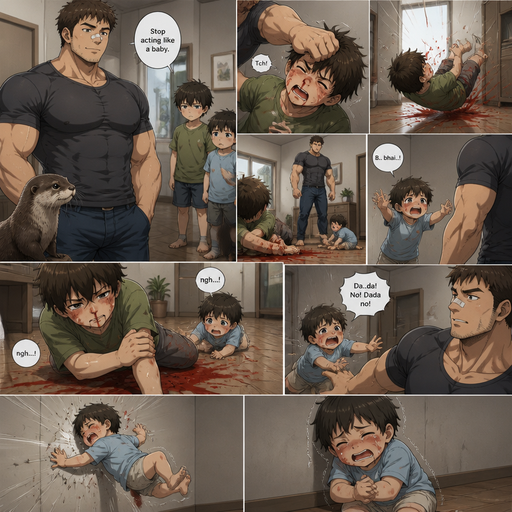 A DETAILED AND LIFELIKE LONG Anime Comic Book story view of a Bulky but Muscular ANIME Cute Bara Man With Peach toned skin Who looks Normal aind round facial Structure and Basic facial structure With Puffy and Big Pecs that are visible through the shirt and Biceps and Bandaid on his nose and Brown short hair that makes them look tough. Wearing normal With his pet Grown and healthy realistic otter and 2 little brothers that are in different ages but young. he never liked the middle child but it loved him and it flies to the floor and red comes from his nose from his grasp. And the baby was taken and discarded, and the one that like him got up while holding his elbow and A lot red on the ground and then the baby stick up for him but doesn’t speak well but then it flys to the wall from him. And the baby gets slowly and shakes