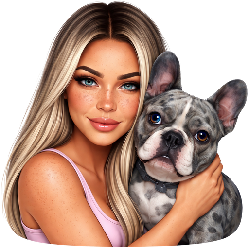 Latina Ice Blonde dark roots no makeup 40 year old baddie girl blue-grey eye color squinty dark freckles very straight long hair cuddling tight gray blue merle one blue eye one brown eye French bulldog serious smile light pink tank