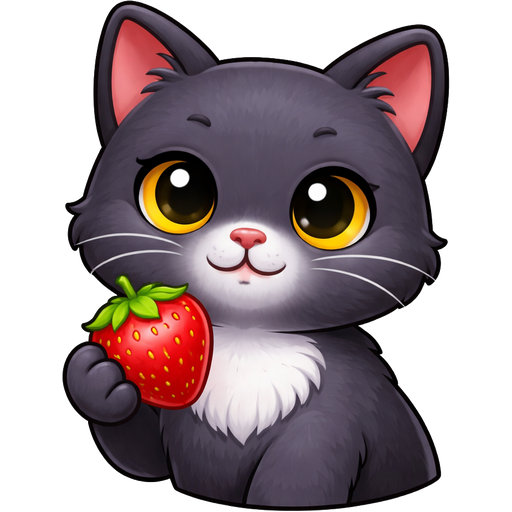A dark gray cat with not so much white in the face and on the belly, is holding a strawberry in its paw with yellow eyes