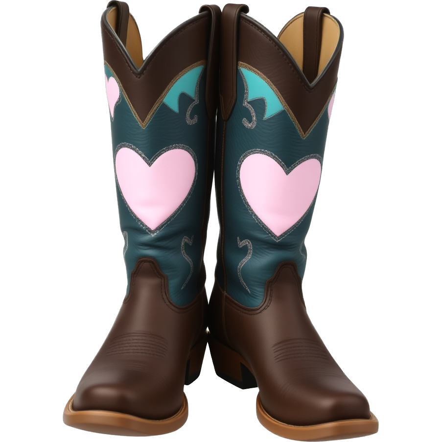 Dark Brown Cowboy boots with turquoise upper section and pale pink hearts that are outlined by a little bit of silver glitter