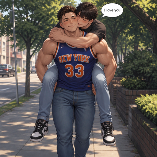 A Real life Full Body view of a Stubby but Muscular and more Muscle than Fat ANIME Man Who looks Normal and American with a round facial Structure and Basic facial structure With Puffy and Big Pecs that are visible through the shirt and Biceps. Wearing a Tight Basketball Jersey and Jeans. Carrying his boyfriend on his back and his Boyfriend Hugging him and saying” I love you”