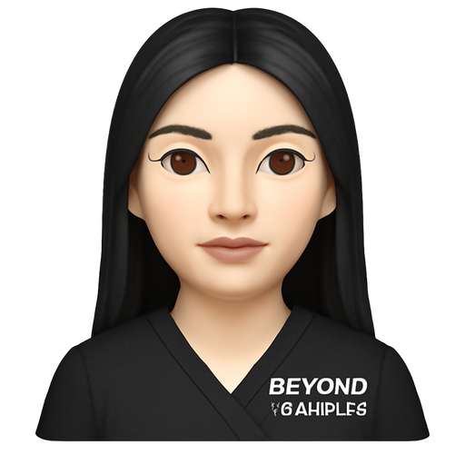 Light skin Beyond Skin Spa esthetician wearing black uniform emoji with long black hair with brown eyes and white skin