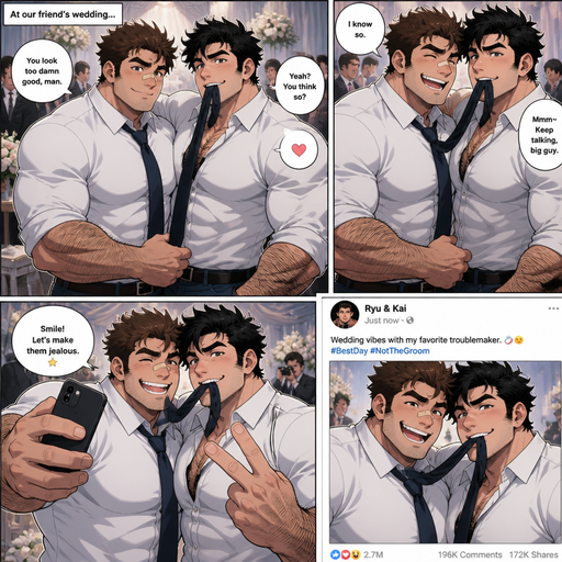 A REALISTIC AND LIFELIKE Comic Book long Story of a Bulky but Muscular ANIME Cute Bara Man With Peach toned skin Who looks Normal and a huge and Masculine round facial Structure and Basic facial structure With Puffy and Big Pecs that are visible through the shirt and Biceps and Bandaid on his nose and Brown Spiky hair and His Hair Curls At the tip of strands. Wearing a tucked in white button up shirt and his abs are lean so you CAN‘T see them through the shirt AND Jeans with a Tie and has a Hairy body. And has huge Hands and Massive arms and looks HOT with his friend (that looks like him but Black instead of brown hair and Has A Chain on and is also Peachy skin). at a someone‘s wedding, his Friend has his own tie in his Mouth with a raised eyebrow and Looks irresistible and Flirty and they flirt as he cuddles him around the waist as friends They Laugh and they goof off and take a picture and posting it and Get millions hearts