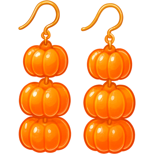 A pair of orange earrings in the shape of 3 stacked pumpkins with a link connecting each pumpkin (jelly-like)
