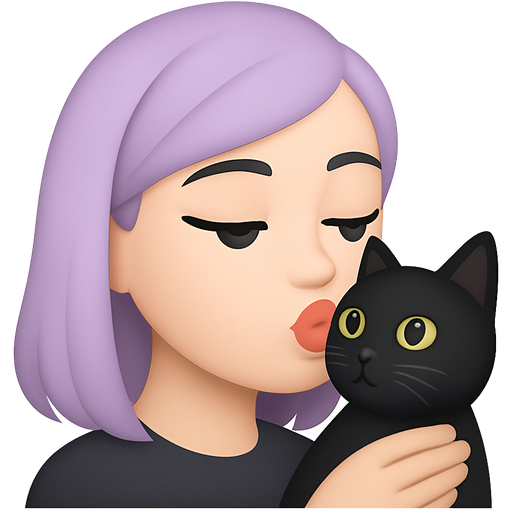 Modern Apple style emoji, girl with pale purple hair, grey eyes, pale skin, eyeliner, with black cat, giving kiss