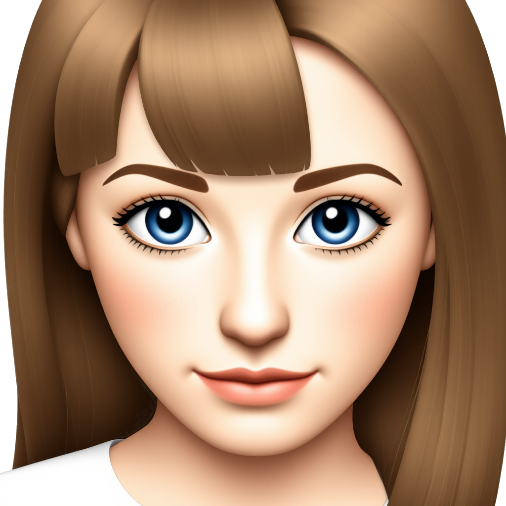 make an emoji of a woman with blue eyes, long thick lashes, freckles, pale, blushed,light brown straight hair with a middle part, light pink lips, and very pretty