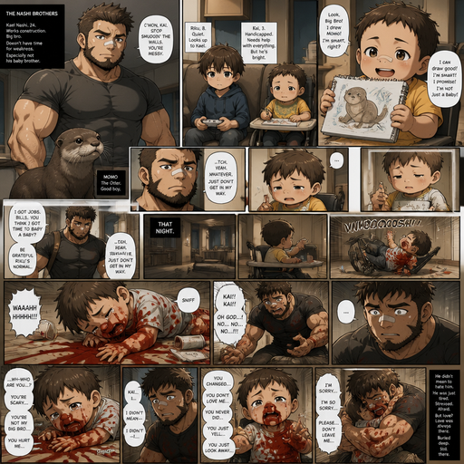 A DETAILED AND LIFELIKE LONG Anime Comic Book story view of a Bulky but Muscular ANIME Cute Bara Man With Peach toned skin Who looks Normal aind round facial Structure and Basic facial structure With Puffy and Big Pecs that are visible through the shirt and Biceps and Bandaid on his nose and Brown short hair that makes them look tough and A Bear on his Chin and Jaw. Wearing normal With his pet Grown and healthy realistic otter and 2 little brothers that are in different ages but young. and the baby‘s Hadicaped and he(the guy) did not like the baby and the baby tries to reason with him by saying he‘s smart and can draw but still on the toddler level and one day the baby flew out of his chair And A lot red comes from his nose and stains his shirt and is all on the ground and it cried and the baby does know know who he is anymore he’s changed