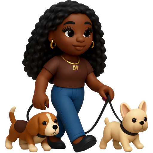 Black woman chocolate with long curly black hair with long full fluffy eyelashes wearing earrings and a gold letter m necklace with three gold rings and purple painted nails walking two dogs