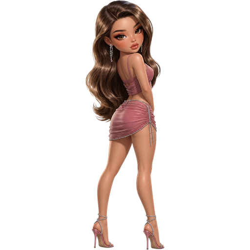 semi-realistic soft cartoon luxury glam, mini plush Bratz-doll aesthetic, cinematic glow, crisp clean detail, glossy glam skin. brown eyed Petite 5ft girl, fair skin with soft freckles, wide face with tall forehead, honey-brown almond wide-set upturned eyes, fluttery lashes, shimmer highlight, plush lips, bottom heavy lip, sweet Belle-princess vibe, long straight brunette hair with visible caramel highlights, wearing a mauve draped crop top over a matching bralette and a dusty rose micro mini skirt with gathered ruching and rhinestone trim, crystal earrings, heeled sandals, hair in old-Hollywood side-swept waves, makeup with rosy smoked eyes, pink champagne glow, mauve blush, and a glossy mauve lip, turned away with her back slightly arched and looking over her shoulder with a dangerous doll-like expression
