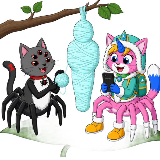 #B8FFFF sticky slik mummy-like-cocoon human entombed wrapped up and mummified fully covered in a #B8FFFF spider slik cocoon shaped like human with arms behind back with #B8FFFF spider slik wrappings completely covered with thick layers non-transparent #B8FFFF spider slik wrappings #B8FFFF hanging to branch next to Furuko the spider cat grey cat black arms and legs white belly fur six eyes red hourglass marking on tail red collar with spider charm holding a #B8FFFF ball of yarn made of #B8FFFF spider slik next to happy pink cat anthro furry boy drider with yellow hair blue and white tail white wrists blue hands white socks yellow boots green collar blue unicorn horn based on unikitty wearing everest's hat and everest's clothing with everest's backpack holding Samsung phone on leaf