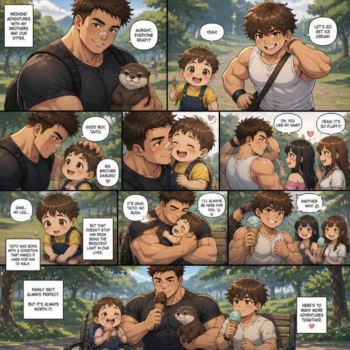 A DETAILED AND LIFELIKE LONG Anime Comic Book story view of a Bulky but Muscular ANIME Cute Bara Man With Peach toned skin Who looks Normal aind round facial Structure and Basic facial structure With Puffy and Big Pecs that are visible through the shirt and Biceps and Bandaid on his nose and Brown short hair that makes them look tough. Wearing normal With his pet Grown and healthy realistic otter and 2 little brothers that are in different ages but young. he loves the baby loves him too, but the baby has a problem walking, and get snuggled and kissed a lot the baby’s are so cute and the other is strong and buff and bulky for his age and a Laddies man and talks to girls and they love his fluffy hair but isn‘t as strong as his brother. And get ice cream at the park