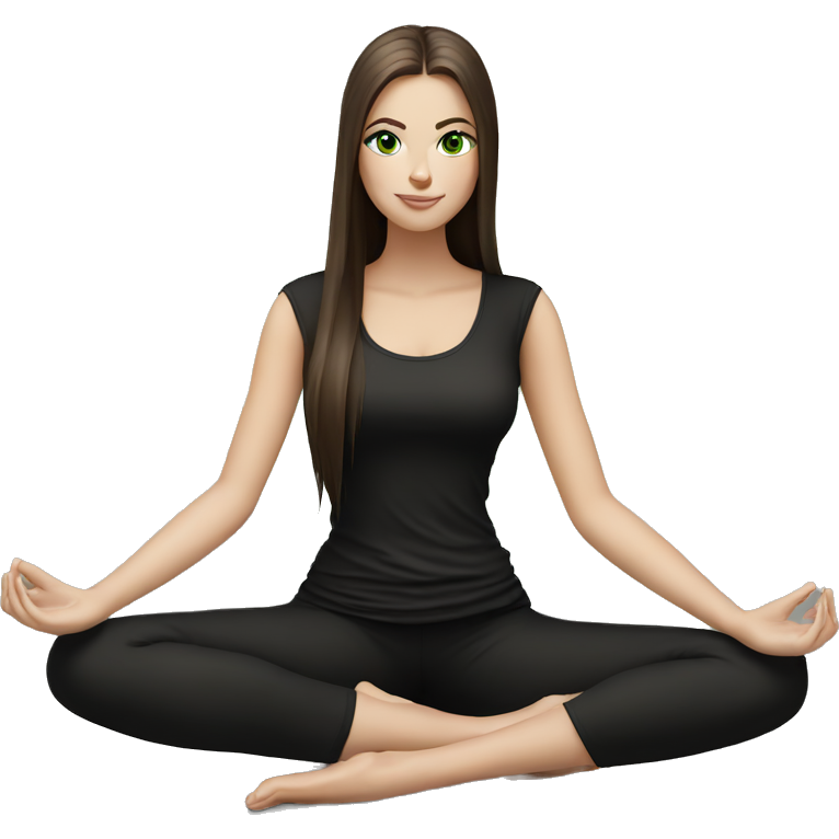 pretty white girl with dark brown long straight amazing hair and green eyes sitting in yoga pose with black outfit (short sleeve t-shirt)