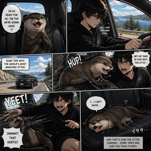 An Real life Anime comic book impact of a A otter seating in the back and talks about how ready he is for the fun there going to have and also in the car his Cute and Handsome owner who hates the otter wearing a Black Hoodie and Shorts owner who is on a road trip with his otter in the back and the otter climes to the front and Squirms in the front seat and is thrown back into his chair says it hurts. And he lays there and can’t move