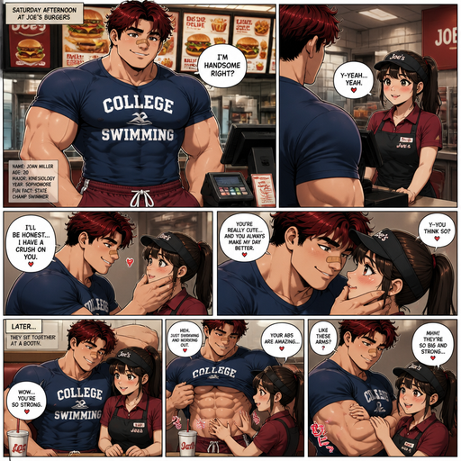 A Full page Detailed and Lifelike Anime Comic book story of a masculine and Bulky ANIME Cute Bara Man Who looks Normal and American 20 year old with a round facial Structure and Basic facial structure With Puffy and Big Pecs that are visible through the shirt and Biceps and Bandaid on his nose. Wearing a College Swimming spirit shirt and swimming trunks and Dark Red Hair and Black Roots. At a fast food Place at the cash register flirting with the waitress at the cash register and saying I’m handsome right. And Making a Warm, cute and hot smile. She blushes and says Yeah. And he says he has a crush on her and touches her face and flirts with her, and then she sits with Joan at a Booth and she messages his Abs and his arms and says how strong he is