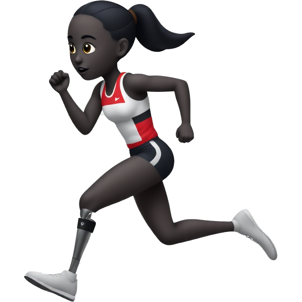 Create a minimalist emoji-style design of a Paralympic track black woman athlete running with a prosthetic blade leg. The athlete should be depicted in motion, emphasizing speed and determination