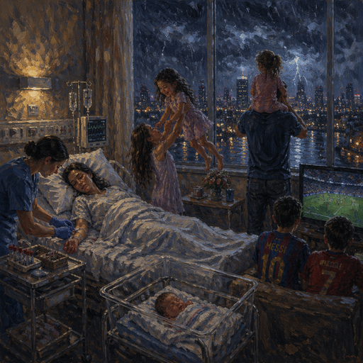 give me the mother sleeping on the hospital bed while doctors are taking her blood tested and give me the girls are lifting each other up. Give me the Dad is putting the toddler girl on his shoulders while they’re looking at the window and both of the boys are watching a football match. and give me the newborn baby sleeping in his crib next to the hospital bed. with stormy rainy city night.