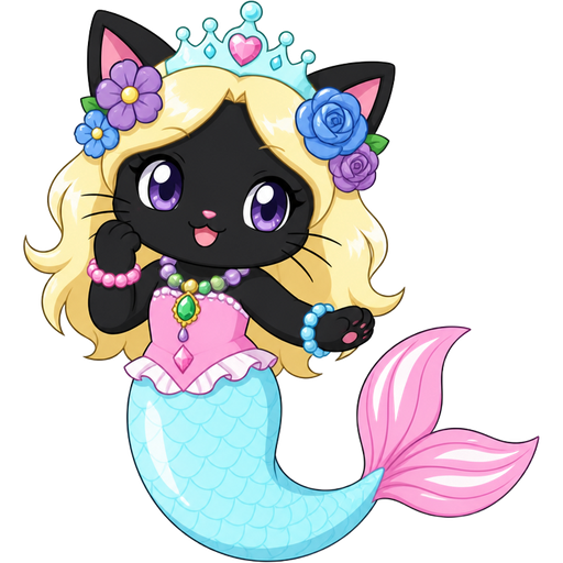 black cat with light yellow hair purple and blue flowers light cyan crown purple and green necklace pink and blue bracelets pink dress attached to long light cyan mermaid tail with white highlights with pink tail fins with white highlights ( based on Garnet (Jewelpet)