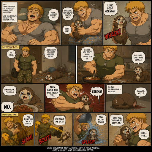 A ANIME Comic book story about of a Bulky ANIME Cute Bara Man American 20 year old with a ROUND and BASIC facial structure and Young Adult BARA CUTE that is Peach Toned skin not anything else MALE not to detailed With bigger than average Pecs that are visible through the shirt and Biceps and a big Bandaid on his nose and Left Cheek and Right Eye brow with Scars all over his Chest and arms. Wearing a Tight Military Green Top that is tight around the waist and Baggy Camo Cargo pants drenched in sweat and Short and yellowish orange Hair and Bright Gold Fluffy Hair and Strait with brown eyes and black eyebrows with a Three finger Slash on his Eyebrow. With no Facial Hair. Waking up in the morning in pajamas and his pet otter but Excessively bully’s it. And when he comes back from work he sees the otter right we’re he left him with trash around him and made a mess. He makes dinner and the Otter doesn’t even eat dinner and cries and asks for some and the looses a tail. And the otter Receives Discipline that and no longer has a tail. And then he excessively bullies him