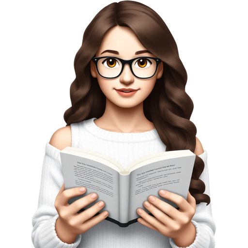 Create one white European Girl with glasses and with Brown Eyes with long dark brown curly hair. She holds an open book in her hands. She wears a white off shoulder sweater.
