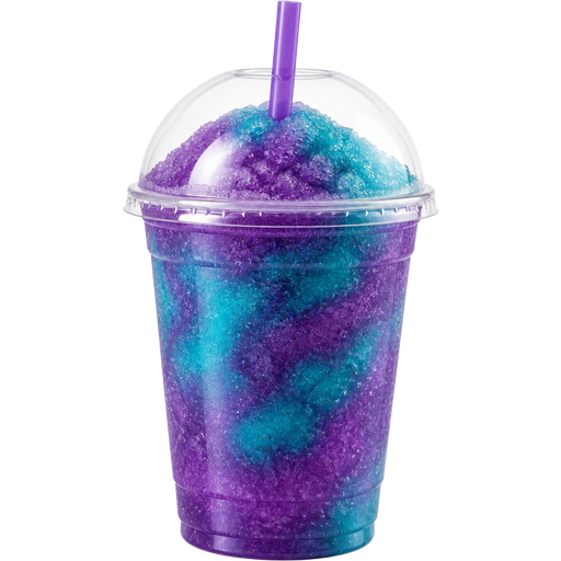 Mermaid Shaved Ice Slushie in a Plastic Cup and Plastic Dome Lid with a Straw Mixed in with Extra Syrup