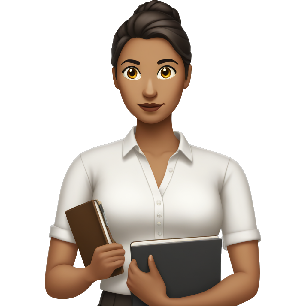 A woman with sleek dark brown hair in a bun, wearing a white blouse and holding a notebook, with a focused expression."
