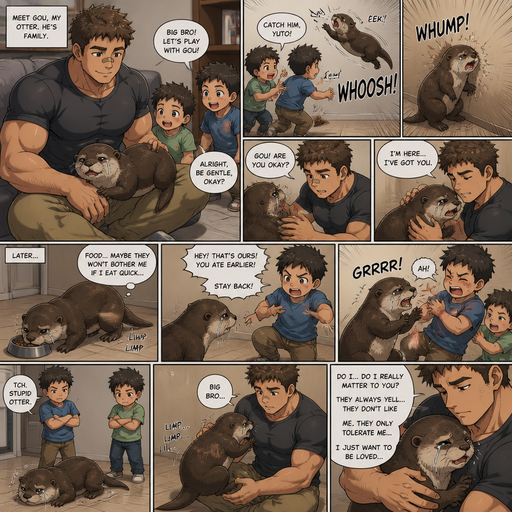 A DETAILED AND LIFELIKE ANIME Comic Book story view of a Bulky but Muscular ANIME Cute Bara Man With Peach toned skin Who looks Normal aind round facial Structure and Basic facial structure With Puffy and Big Pecs that are visible through the shirt and Biceps and Bandaid on his nose and Brown short hair that makes them look tough. Wearing normal With his pet Grown and healthy realistic otter and 2 little brothers that are in different ages but young. Then the otter flys to the wall from the little Brothers, and lays there and cries. And is comforted by the big brother again. And tries to walk to his Bowl of Food but one of the brothers stops and he doesn’t make it. And the otter defends himself and then cries when he’s outmatched a looses. Limps to big brother, and cuddles and cries in his lap talking about not being loved