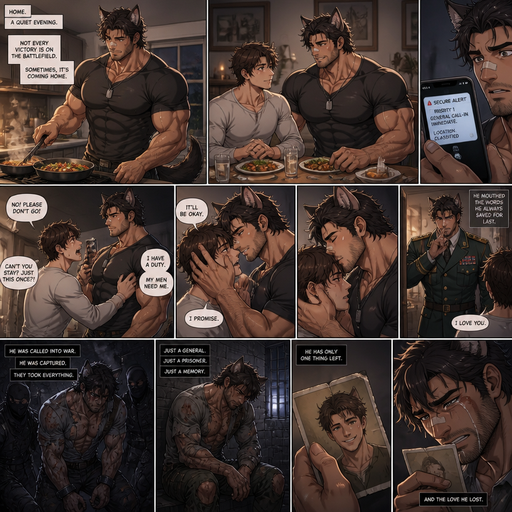 An Anime comic book of a Bulky and Slim and Small Waist and Huge Biceps but Muscular and more Muscle than Fat ANIME Cute Bara Man Who looks Normal and American with a round facial Structure and Basic facial structure With Puffy and Big Pecs that are visible through the shirt and Biceps and Bandaid on his nose and Is an Anthropomorphic Wolf with Tail ears and Teeth but does not have a wolf snout and is the perfect balance of human and Wolf with Wolf instincts and Is super strong and fast and Hot and Dreamy and Devilishly handsome cute and has more hair on his skin and a little bit more on his head and Facial but still Human face with a Perfect Physique and Huge arms and Chest with a Thin waist and a perfect face. And is cooking dinner and him and his boyfriend eat dinner at the table but then he gets a message on his phone and he has to get called into the work he is a military General and So he leaves but his boyfriend begs him not to but he brushes his hair and kiss him and says It’ll be ok and Walks out in his military outfit and mouths I love you in. And his boyfriend didn’t see him again. The enemy captured him and when they took him they took everything and he’s in a cell in rugged and ripped clothes only thinking about his boyfriend and Take out a picture and cries