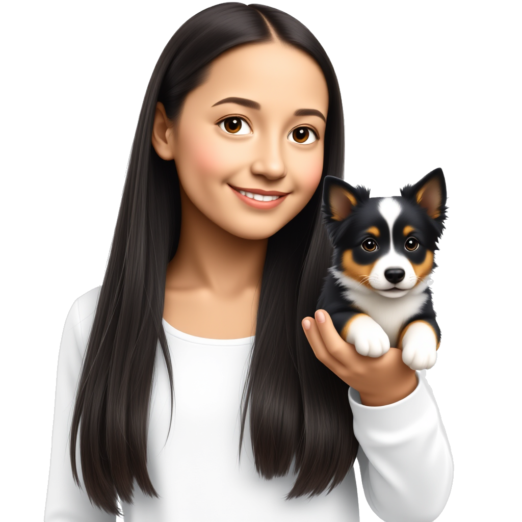 A girl with light tan skin long black hair in middle and a scoop neck white long sleeve shirt holding mini black and white Australian Shepherd with ears up in right hand