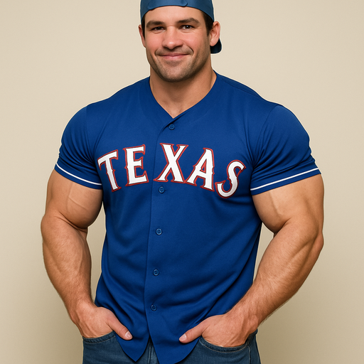 A Full view of his Body and Face Buff,Jacked and Muscular American with Huge Biceps and Pecs. In a Texas Rangers Jersey and Jeans And Backwards Baseball Hat. With his hands in his Pocket and Making Girls Blush. With Brown Hair and Brown Eyes