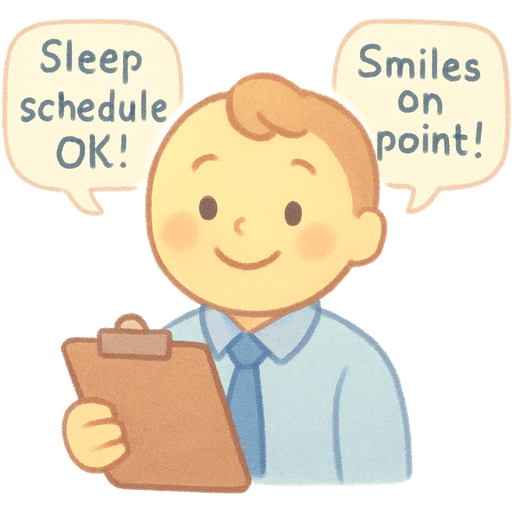 Sketch a friendly supervisor holding a clipboard with tiny speech bubbles: “Sleep schedule OK!” or “Smiles on point!”