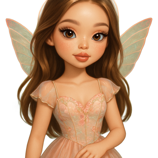 soft airbrushed glam, mini plush Bratz-doll aesthetic, cinematic glow, crisp clean detail, glossy soft skin. brown eyed skinny Petite girl, fair skin with soft freckles, wide face with tall forehead, honey-brown almond wide-set upturned eyes, fluttery lashes, shimmer highlight, plush lips, bottom heavy lip, sweet Belle-princess vibe, medium-long brunette hair with visible caramel highlights. softly defined feminine body, soft hourglass shape with full round bust, wearing a detailed fairy-core outfit. hair fairy-core. sleek almond nails. peachy-pink blush with shimmer highlight, glossy shimmer lips. waterfall & garden background. Cozy romantic glow, soft warm lighting, pop-princess energy