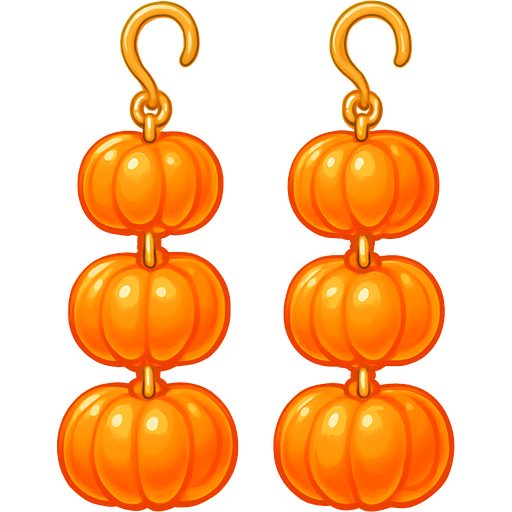 A pair of see through orange jelly earrings that are in the shape of 3 stacked pumpkins with a link connecting each pumpkin