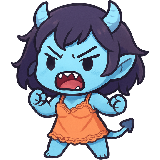 Oblique angle cute lady monster with light blue skin in a short lacy orange nightgown growling and being fierce