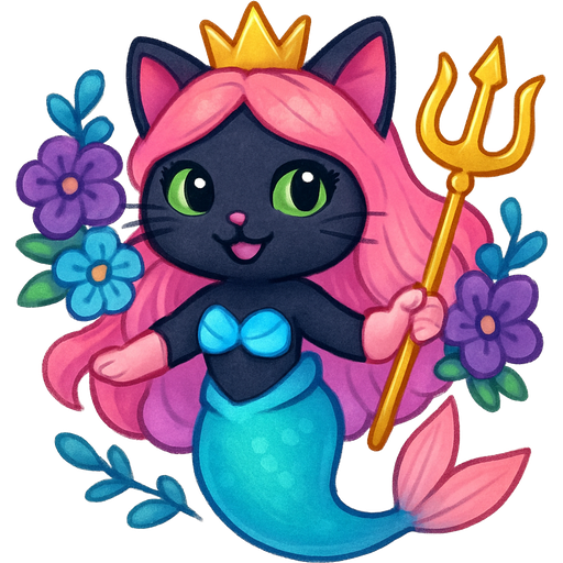 black cat smiling pink long hair golden crown purple and blue flowers green eyes light pink gloves very long cyan mermaid tail with pink fins swimsuit cyan holding a golden trident lunakittyfox style fan character emoji, expressive cute style