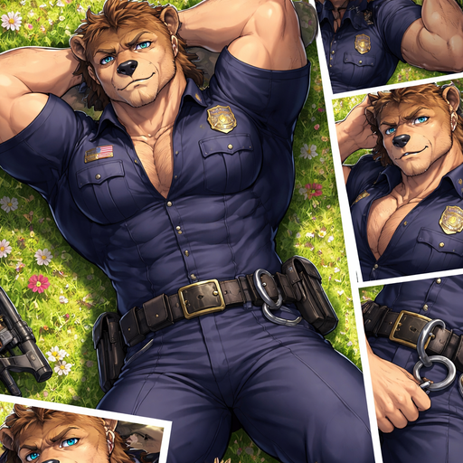 A Anime Full Body and Face of a Muscular and Buff with Gigantic Pecs AND biceps. VERY Masculine and handsome Bara Furry Bear with a Very Good-looking Face and Blue eyes with a wrestler type body. Buttoned up in a Police Uniform. Laying down on a grass looking up