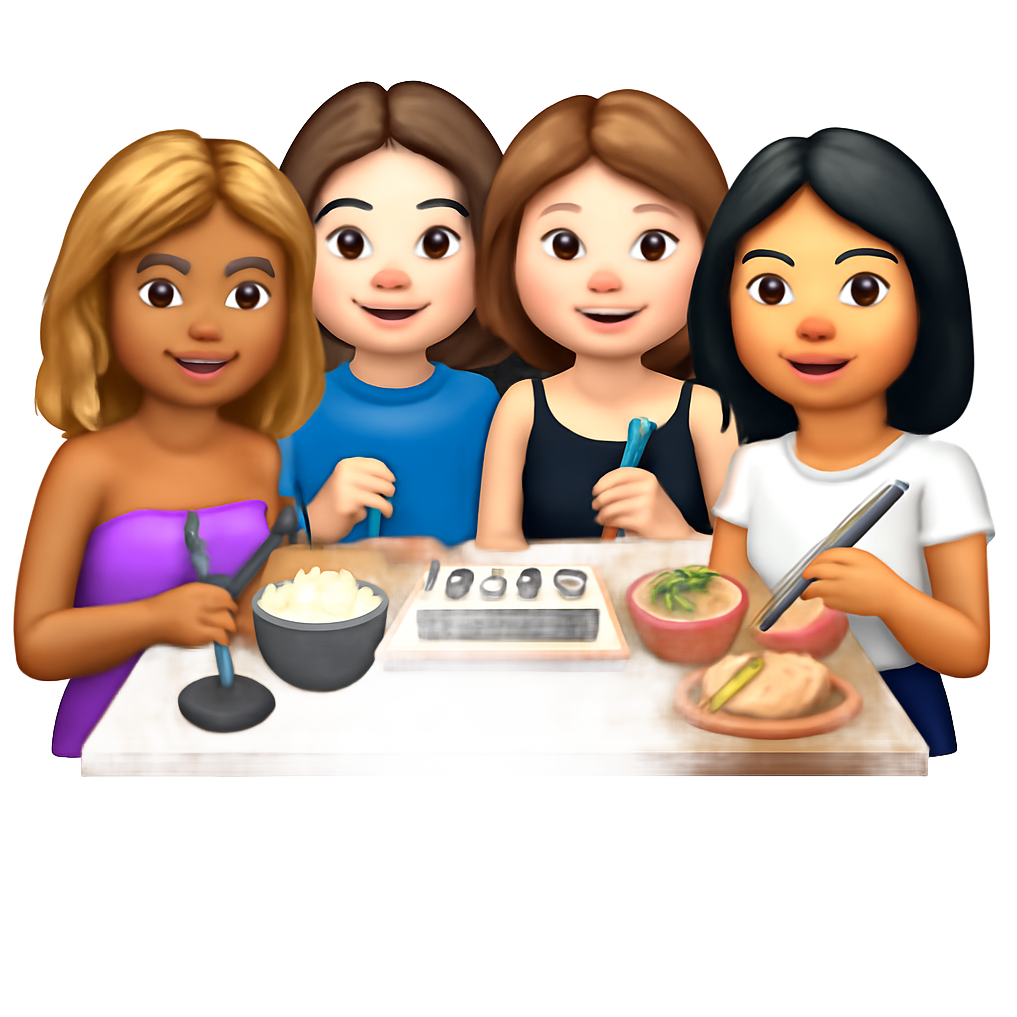 Una mesa con cuatro chicas cenando comida japonesa. La primera chica: color de piel un poco morena, con un top de banda lila, color de pelo rubio oscuro con mechas rubias, de longitud hasta los hombros y un poco ondulado. La segunda chica: pelo ondulado castaño un poco oscuro y largo, color de piel clarito y una camiseta azul. La tercera chica: pelo por debajo de los hombros, castaño claro y liso. Color de piel más blanquita y camiseta negra de tirantes finos . Por último, la cuarta chica: ojos un poco achinados y pelo negro liso por los hombros. Camiseta blanca de manga corta y color de piel un poco morena.