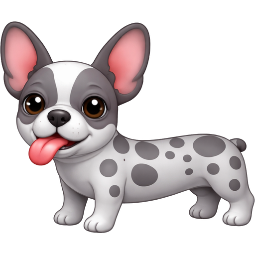 Small skinny long body French bulldog grey with dark grey large and small irregular spots tongue sticking out sideways